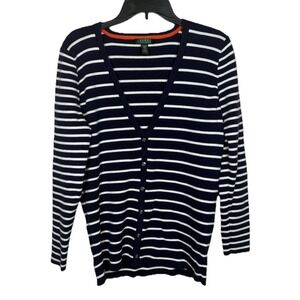 Lauren Ralph Lauren Striped Ribbed Cardigan 2X Stretch Preppy Nautical Buttons‎